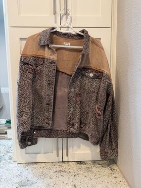 POL Leopard-Print Denim Jacket with Tan Yoke